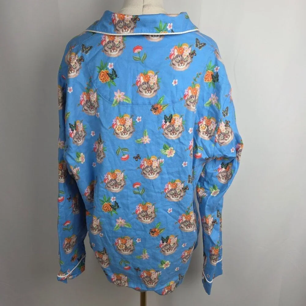 The‎ Cats Pajamas XL Flannel Pajama Top Frida-Inspired Cats Blue Peruvian Cotton